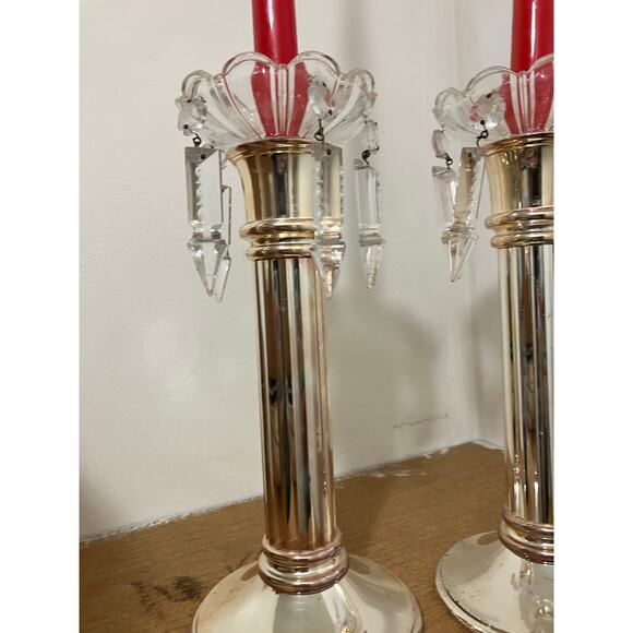 Two Candlesticks 11" Tall Mercury Chrome & Glass Vintage Candles Included - Picture 3 of 5